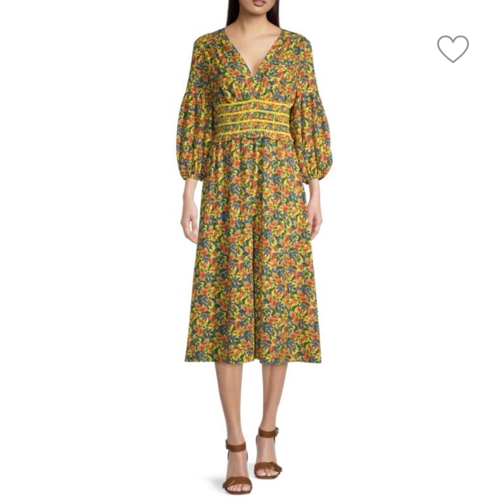 Shoshanna Monatero Floral Puff-Sleeve Midi Dress Sz 4 Yellow Smocked Waist Euc